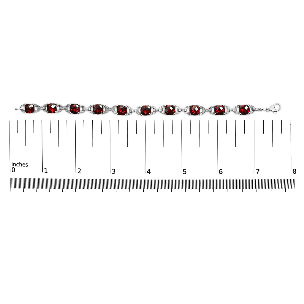 Bracelet à maillons de tennis tendance en argent sterling 925 7 x 7 mm avec coussin à carreaux et accents de diamants et grenat rouge (couleur IJ, clarté I1-I2) - Taille 7" pouces
