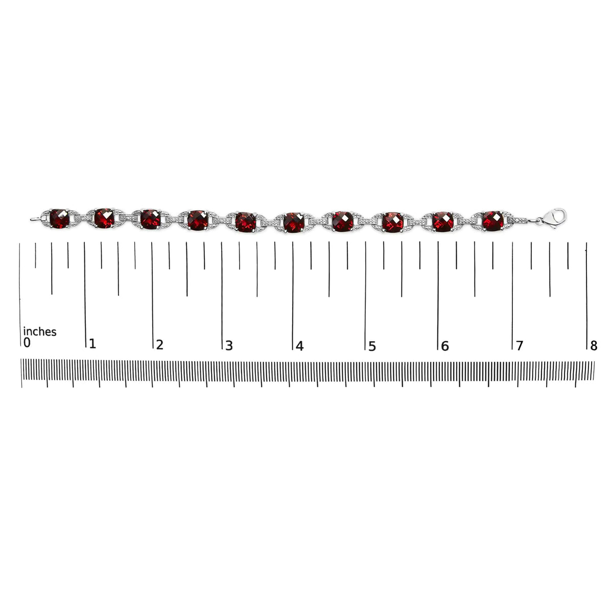 Bracelet à maillons de tennis tendance en argent sterling 925 7 x 7 mm avec coussin à carreaux et accents de diamants et grenat rouge (couleur IJ, clarté I1-I2) - Taille 7" pouces