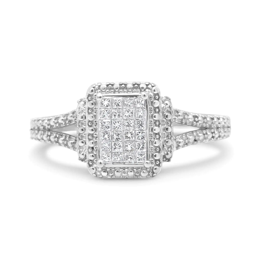 Bague de fiançailles en argent sterling 925 avec diamant composite taille princesse 1/4 ct et tige perlée (couleur HI, clarté SI1-SI2)