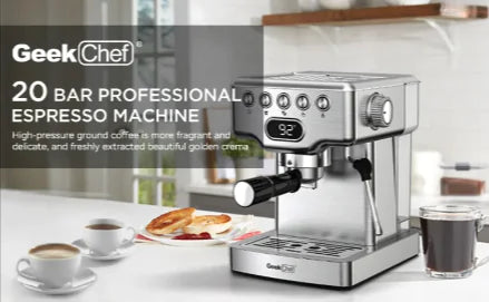 Cafetera espresso de 20 bares con espumador de leche Geek Chef: máquina de espresso de acero inoxidable para café con leche, capuchinos y más, tanque de 1,8 l