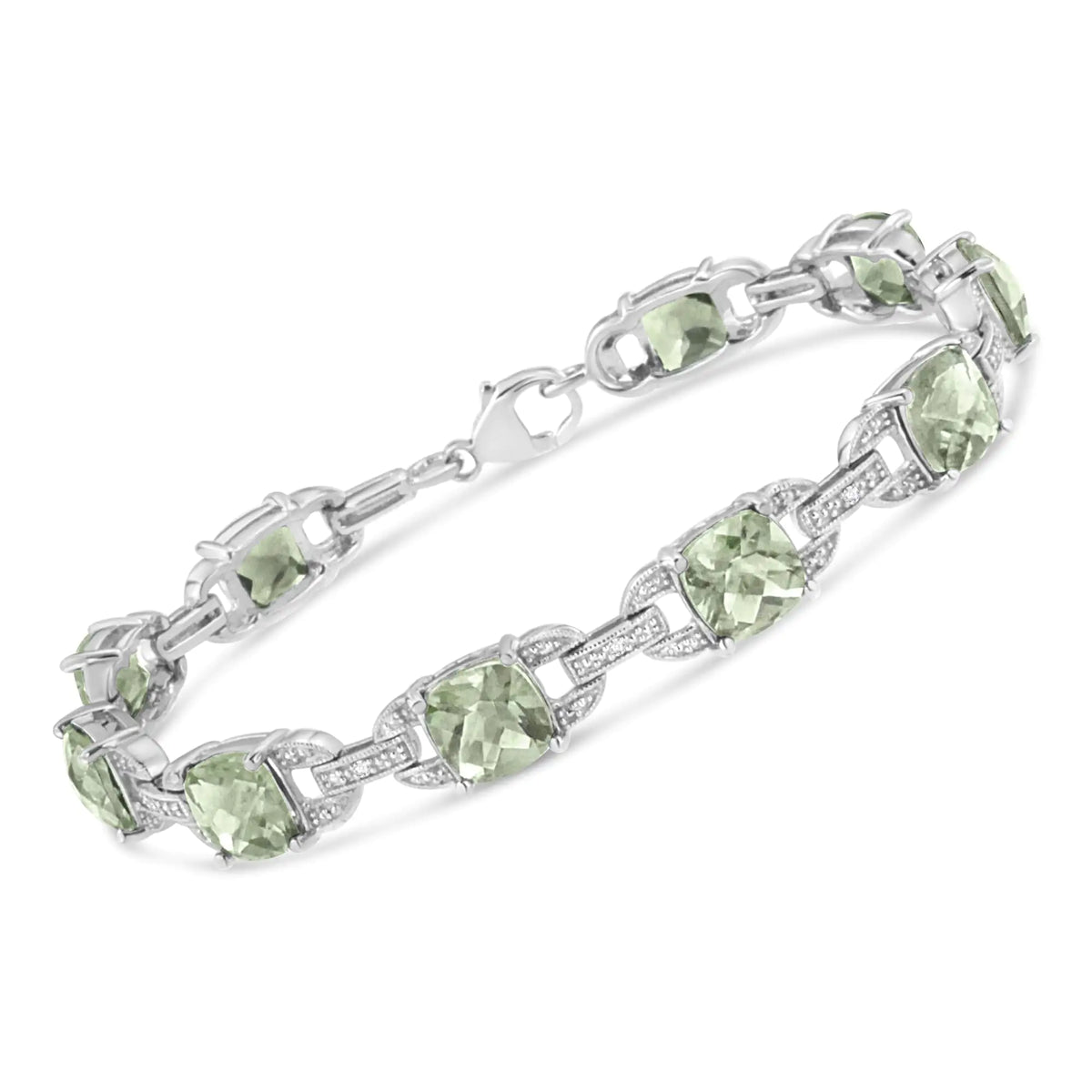 Bracelet de tennis tendance en argent sterling 925 avec améthyste verte taille coussin 7 x 7 mm et diamant taille ronde 1/20 ct (couleur IJ, pureté I1-I2) - 7"