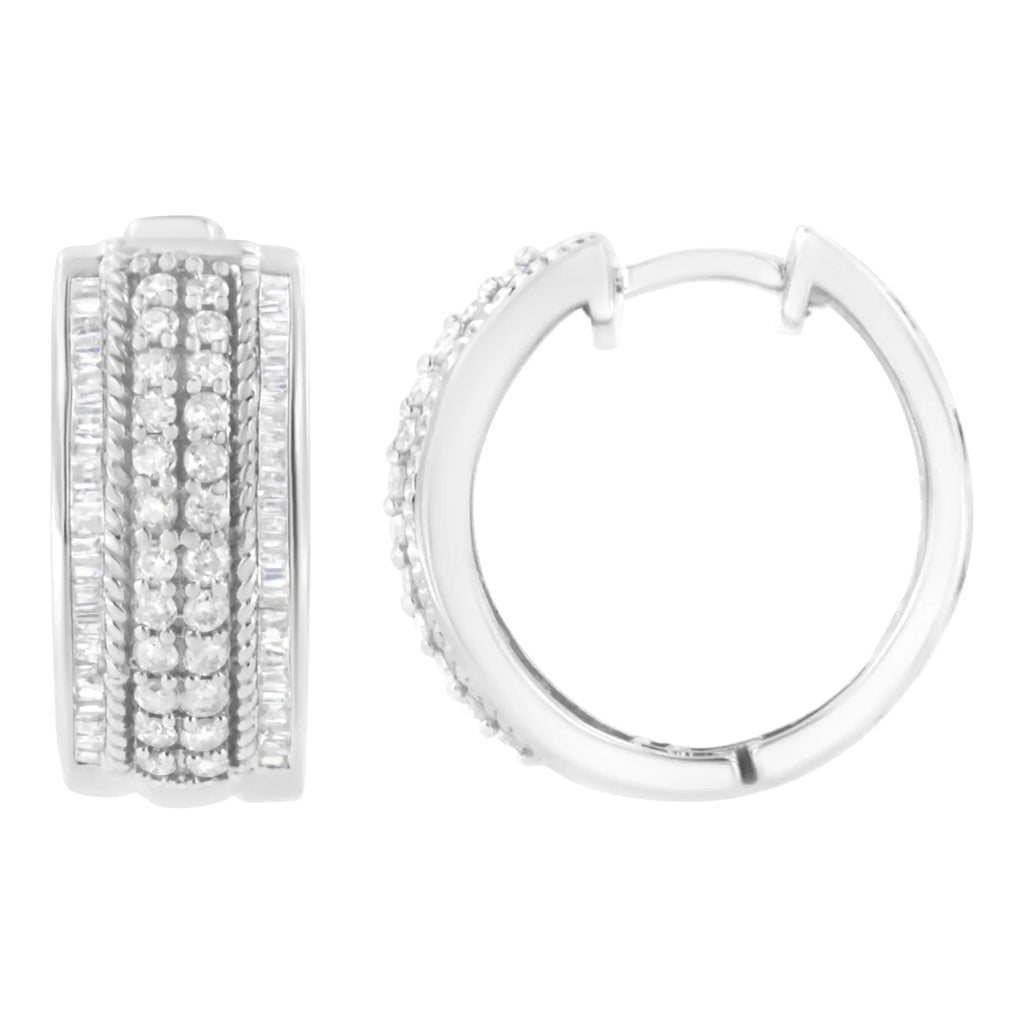.925 Sterling Silver 1.0 Cttw Round and Baguette-Cut Diamond Hoop Earring (H-I Color, I2-I3 Clarity)
