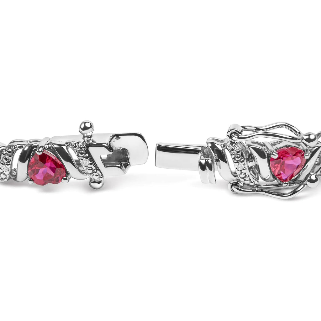 Pulsera de eslabones con detalles de diamantes blancos y rubíes rojos en forma de corazón de plata esterlina 925 (color IJ, claridad I3) - 7,25"