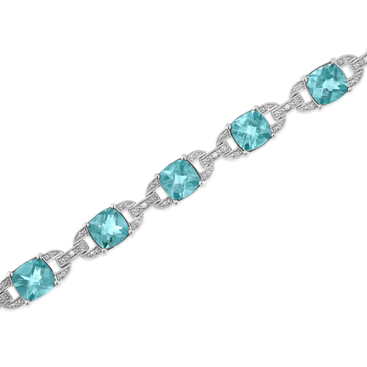 Bracelet de tennis tendance en argent sterling 925 avec topaze bleue taille coussin 7 x 7 mm et diamant taille ronde 1/20 ct (couleur IJ, pureté I1-I2) - 7"