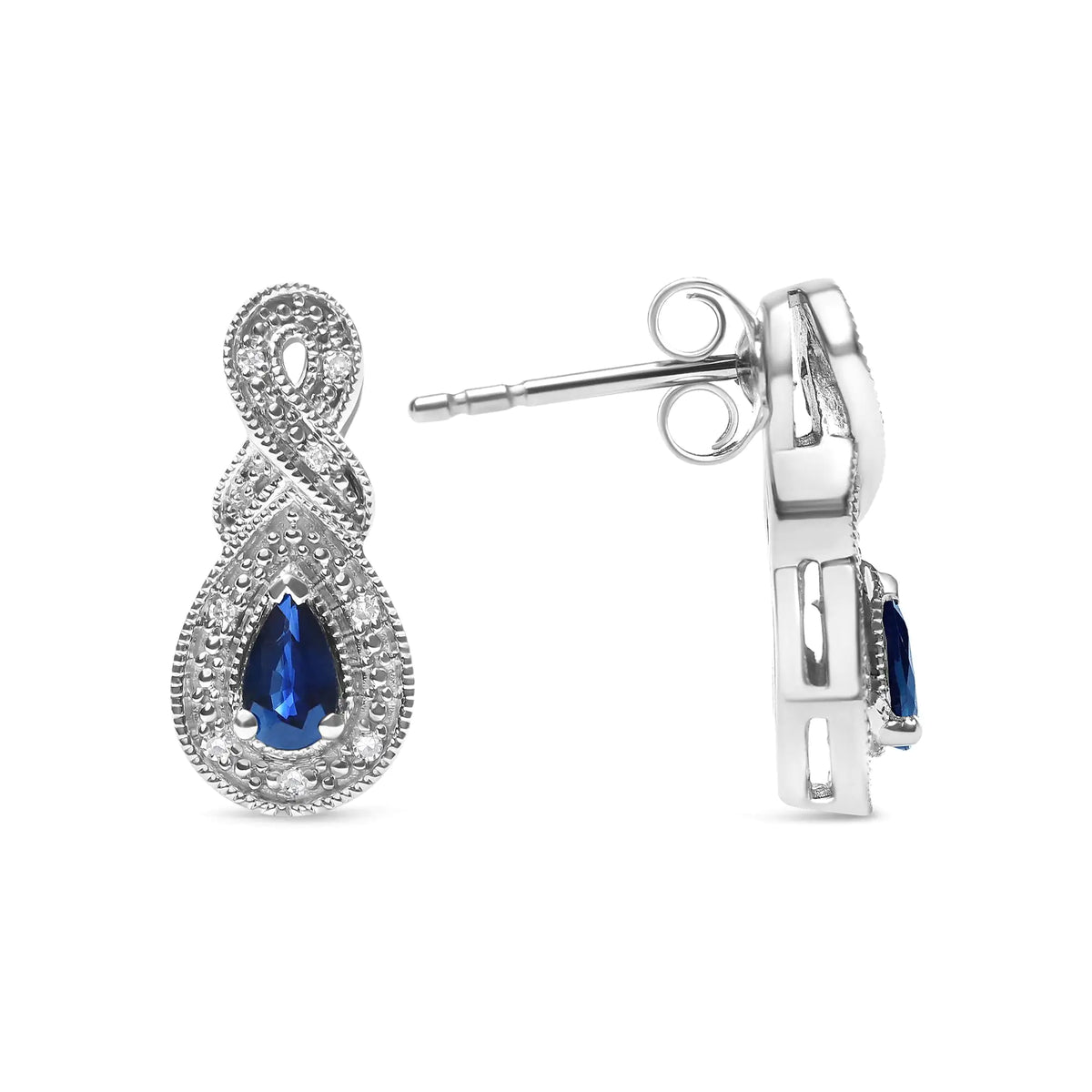 Aros colgantes con forma de infinito con piedra preciosa de zafiro en forma de pera de 4,5 x 3 mm y detalles de diamantes en plata de ley 925 (color HI, claridad SI1-SI2)