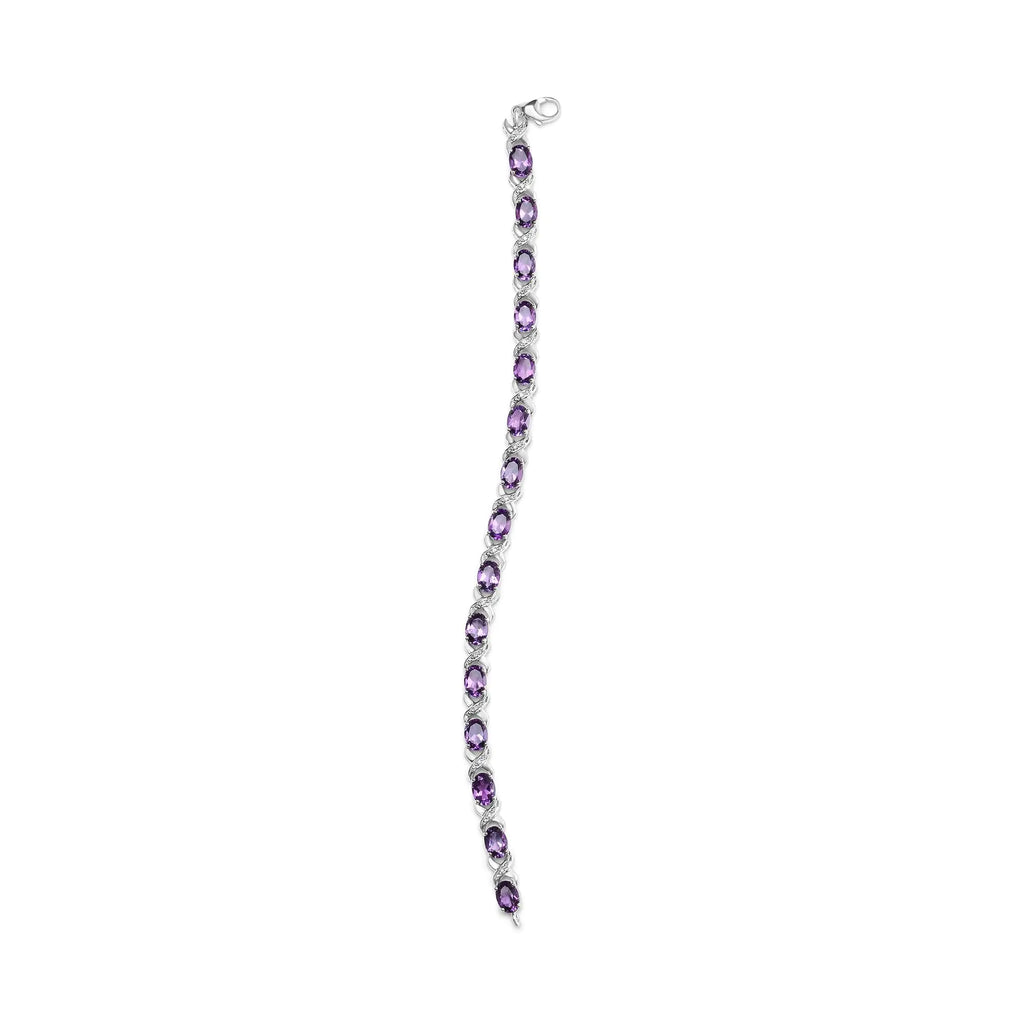 Bracelet à maillons en argent sterling 925 7 x 5 mm avec améthyste ovale et accent de diamant (couleur HI, clarté SI1-SI2) - Taille 7"
