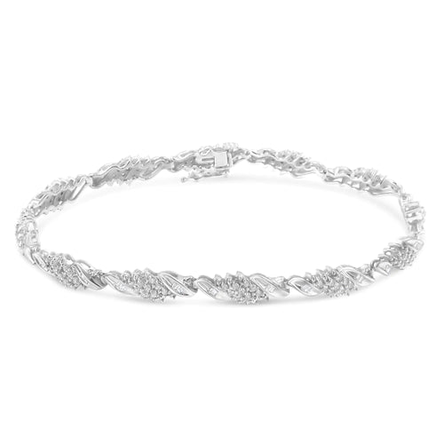 Pulsera de eslabones ondulados con diamantes de talla baguette y redonda de 1 1/2 ct en plata esterlina 925 (color IJ, claridad I2-I3) - 7"