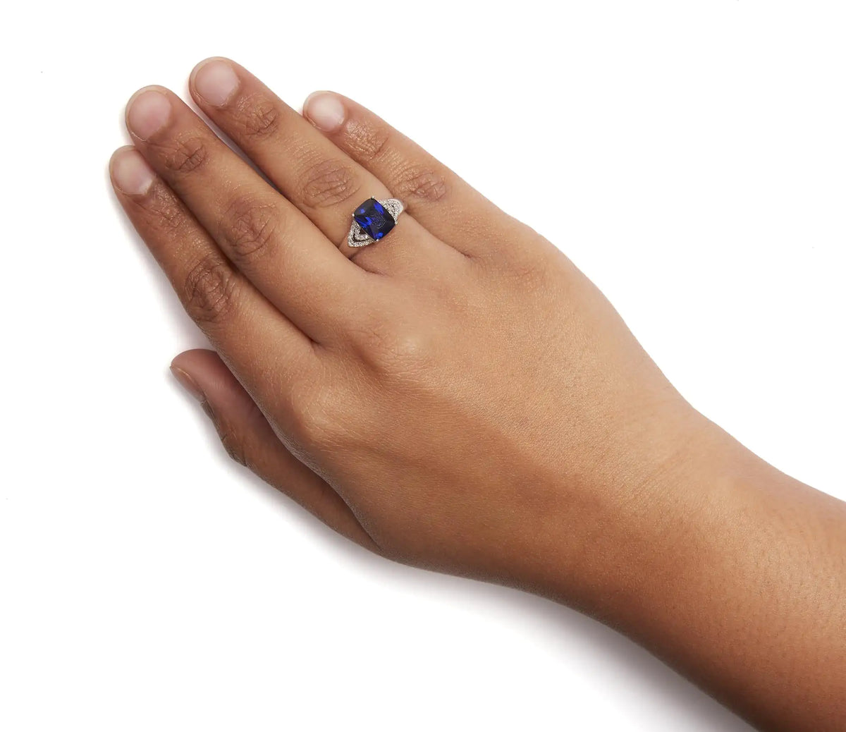 Bague de fiançailles en argent sterling 925 avec saphir bleu taille coussin et diamant blanc de 9 x 7 mm (couleur IJ, pureté I3)