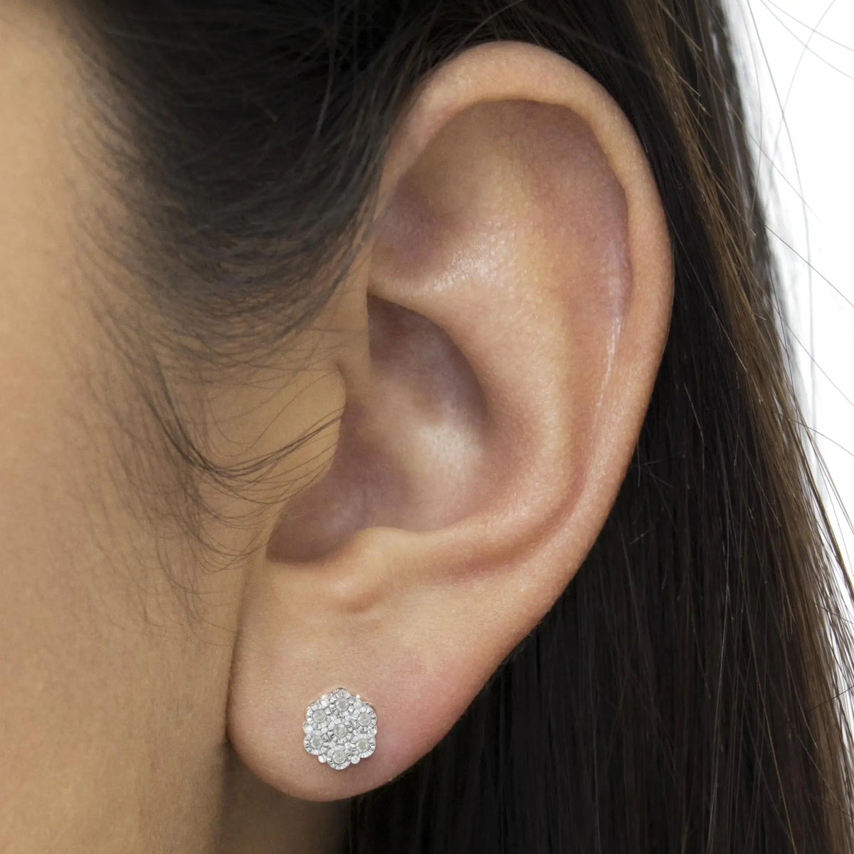Aros con forma de botón con diamantes de talla redonda de 1/4 ct engastados con flores engastadas en forma de milagro en plata de ley 925 (color IJ, claridad I3)