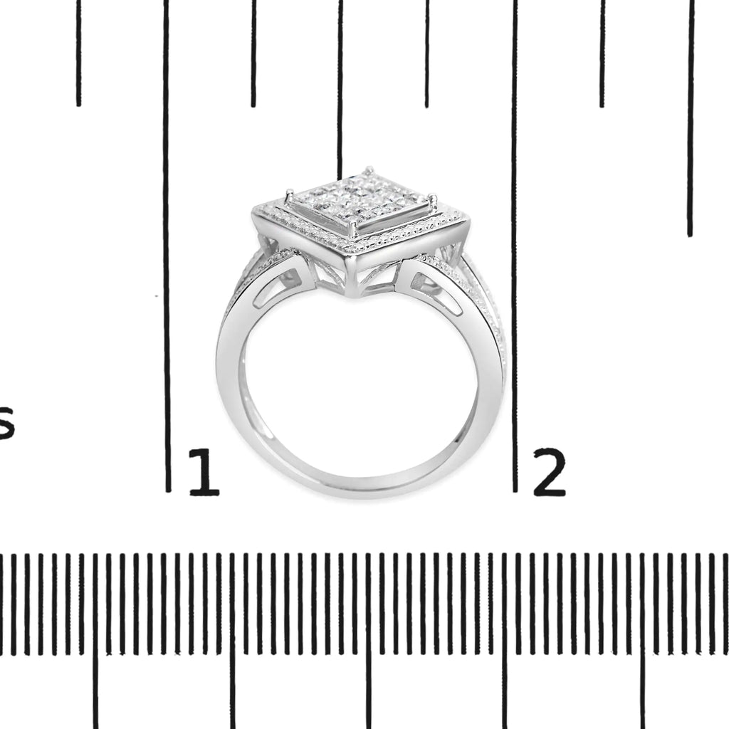 Bague en argent sterling 925 avec diamants taille princesse invisibles de 1/3 ct et halo perlé (couleur HI, clarté SI1-SI2)