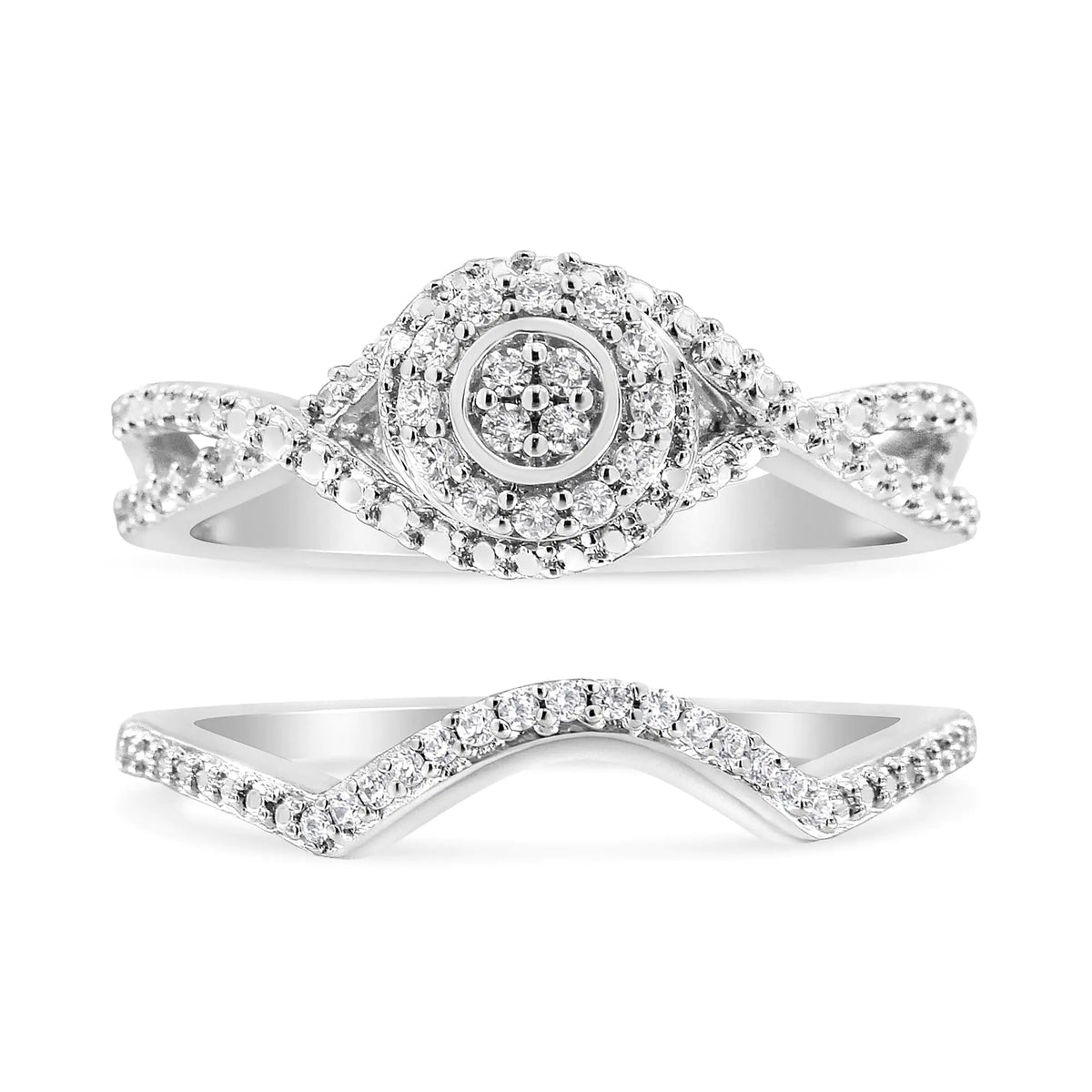 Anillo y banda nupcial con halo compuesto de diamantes de 1/6 quilates y cuerpo dividido en plata esterlina 925 (color IJ, claridad I3)