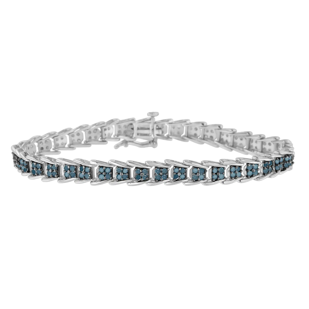Pulsera de tenis de 7" con eslabones anidados en forma de abanico y diamantes azules tratados de 2 ct en plata esterlina 925 (color azul, claridad I3) - Tamaño 7"