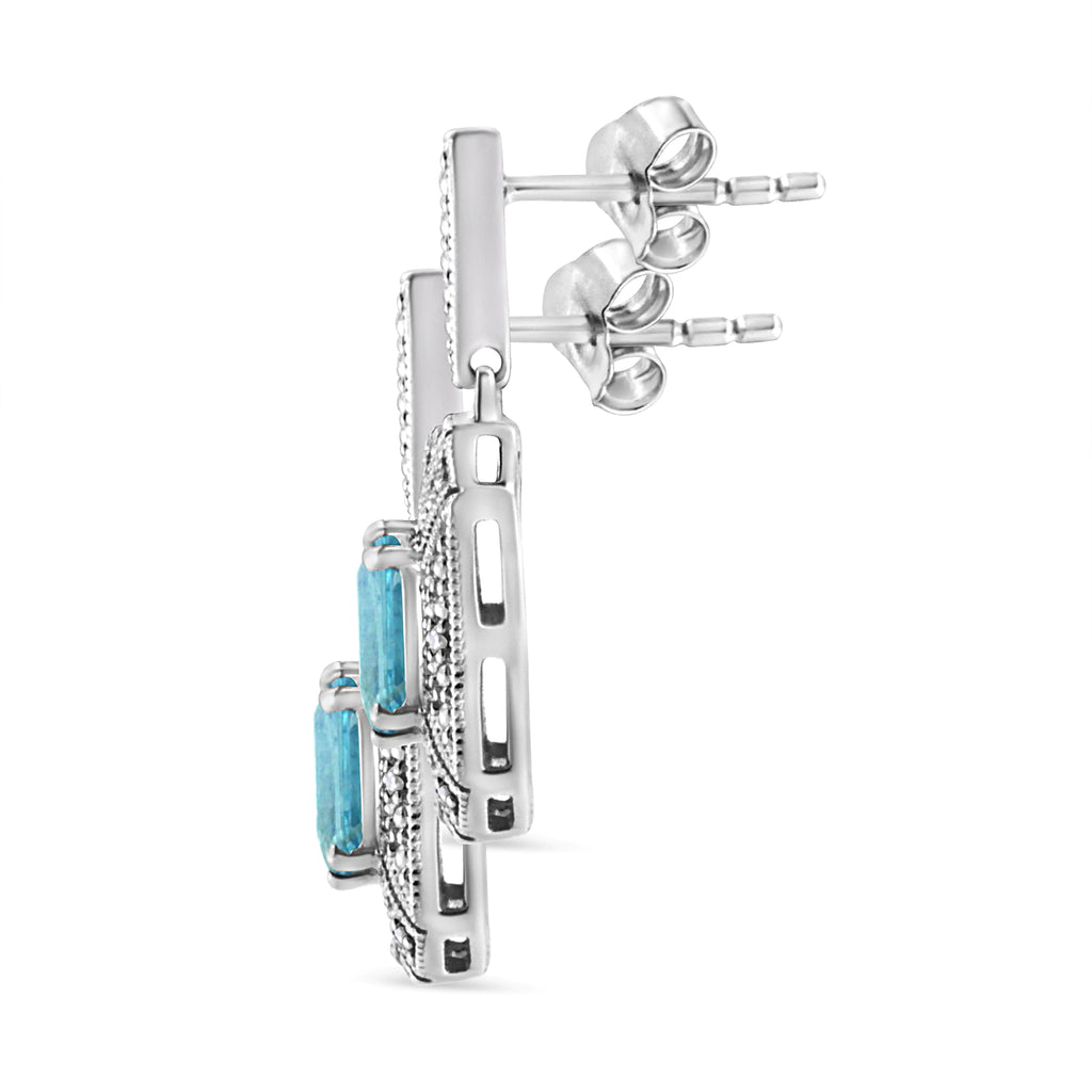 Boucles d'oreilles pendantes et pendantes de style Art déco en argent sterling 925 avec topaze bleue en forme d'émeraude et accents de diamants de 7 x 5 mm (couleur IJ, clarté I1-I2)