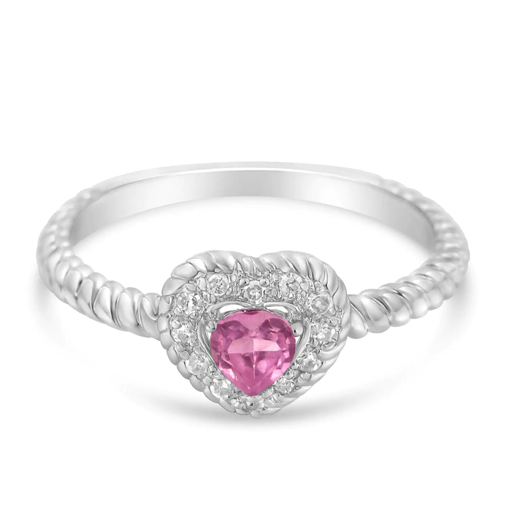 Anillo de plata de ley 925 con zafiro rosa de 4 mm y detalle de diamantes en forma de corazón (color IJ, claridad I2-I3)