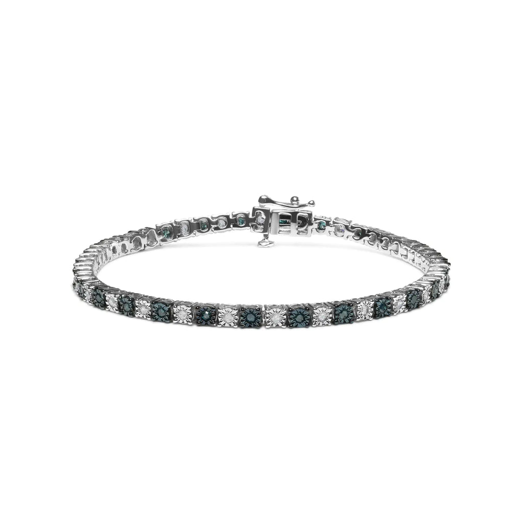 Bracelet de tennis en argent sterling 925 de 1,0 ct avec diamant blanc rond alterné et diamant bleu rond traité (couleur bleue et IJ, pureté I3) - Taille 7" pouces