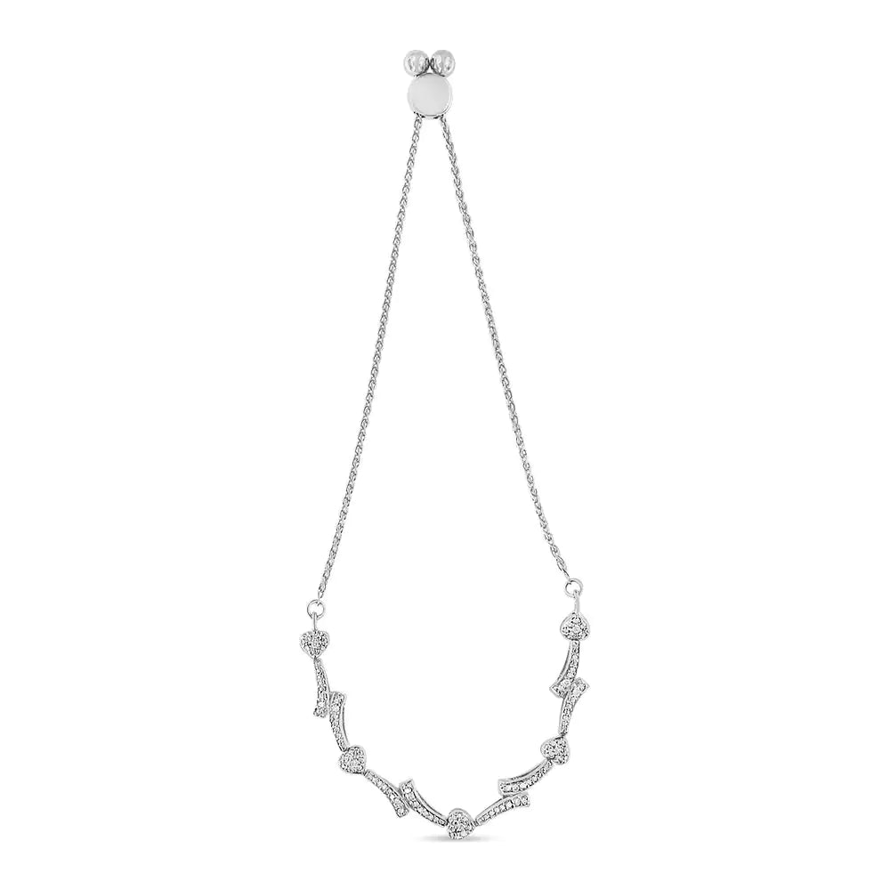 Pulsera bolo con eslabones en forma de corazón y ondas con detalles de diamantes en plata de ley 925 (color IJ, claridad I2-I3) - Ajustable de 6" a 9"