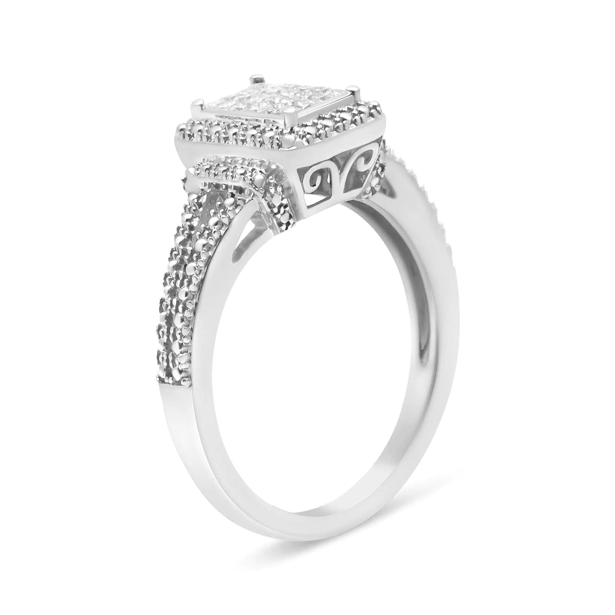 Anillo de compromiso compuesto de diamantes de talla princesa de 1/4 ct en plata esterlina 925 con cuerpo con cuentas (color HI, claridad SI1-SI2)