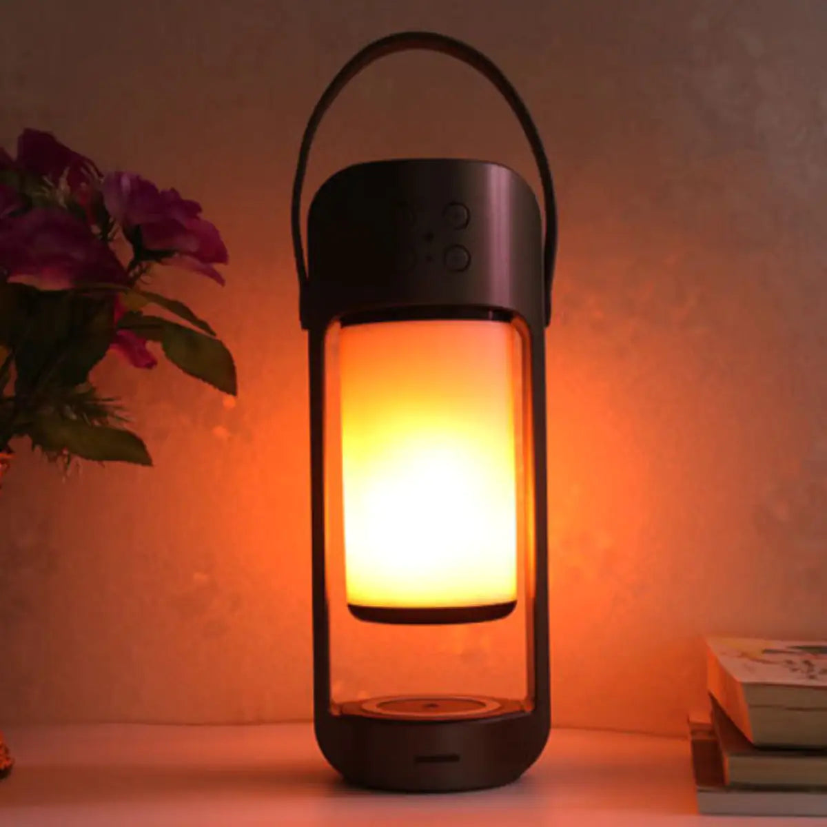 Lanterne LED à flammes dansantes avec haut-parleur Bluetooth et chargeur de téléphone sans fil 