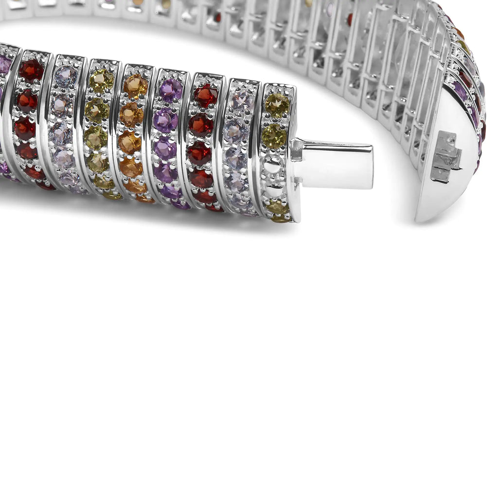 Pulsera de plata de ley 925 con piedras preciosas de arcoíris en varias filas, 7,5 pulgadas