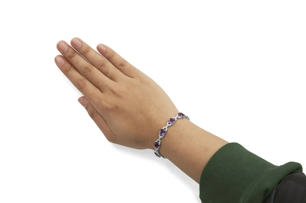 Bracelet à maillons tennis en argent sterling 925 avec améthyste taille coussin de 7 mm et diamant (couleur IJ, clarté I1-I2) - Taille 7"