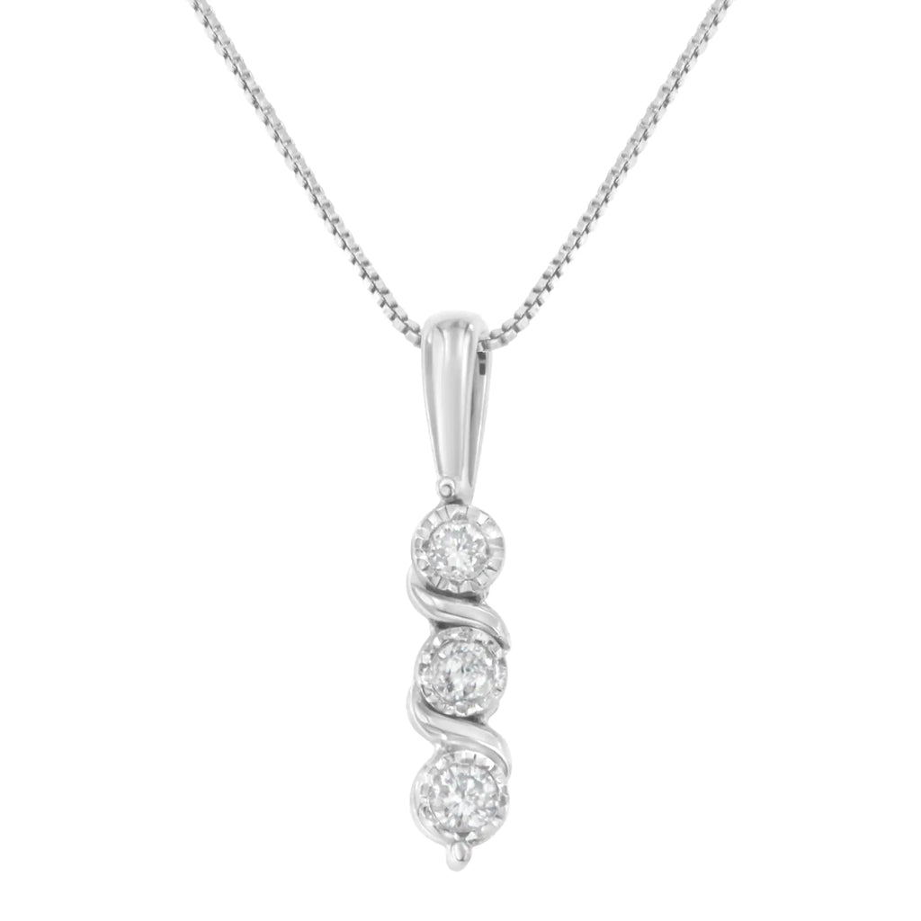 .925 Sterling Silver 1/10 cttw Miracle-Set Round Cut Diamond Three Stone Drop Pendant 18" Necklace (H-I color, I1-I2 clarity)