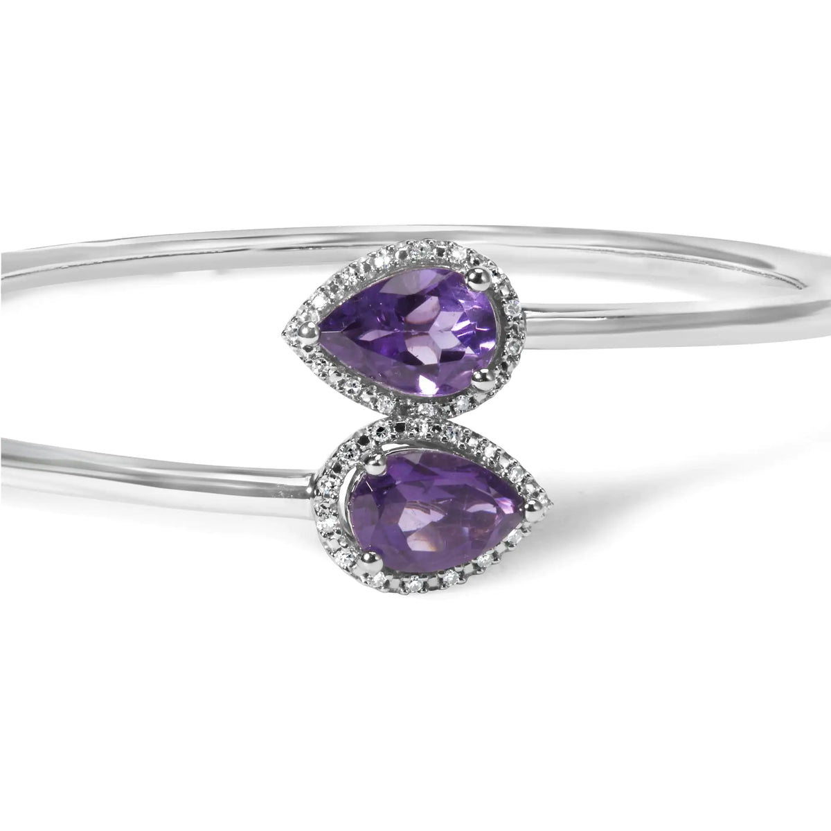 Bracelet jonc en argent sterling 925 de 8 x 5,5 mm avec améthyste en forme de poire et accent de diamant (couleur HI, clarté SI1-SI2) - Convient jusqu'à 7 pouces