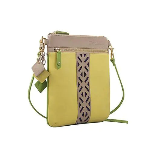 Bolso bandolera de piel Lily, color tostado y amarillo canario