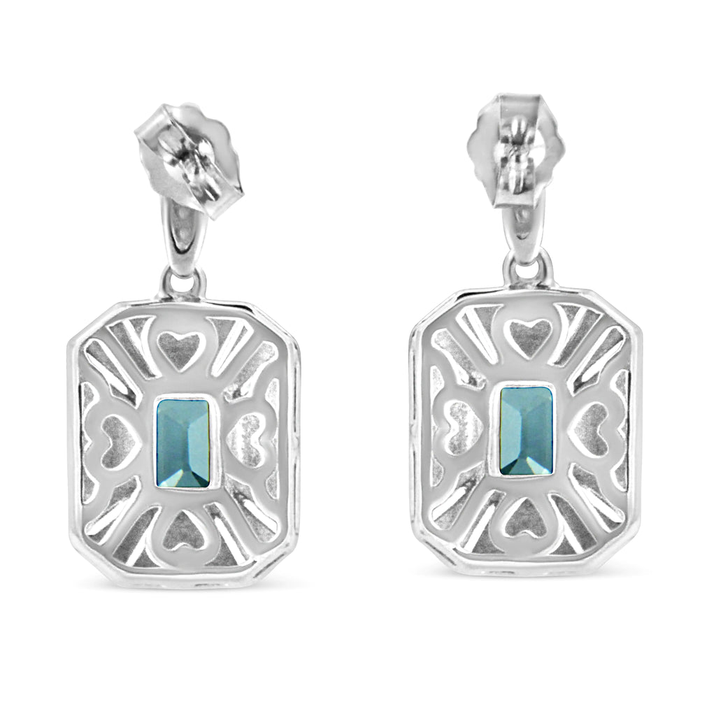 Boucles d'oreilles pendantes et pendantes de style Art déco en argent sterling 925 avec topaze bleue en forme d'émeraude et accents de diamants de 7 x 5 mm (couleur IJ, clarté I1-I2)