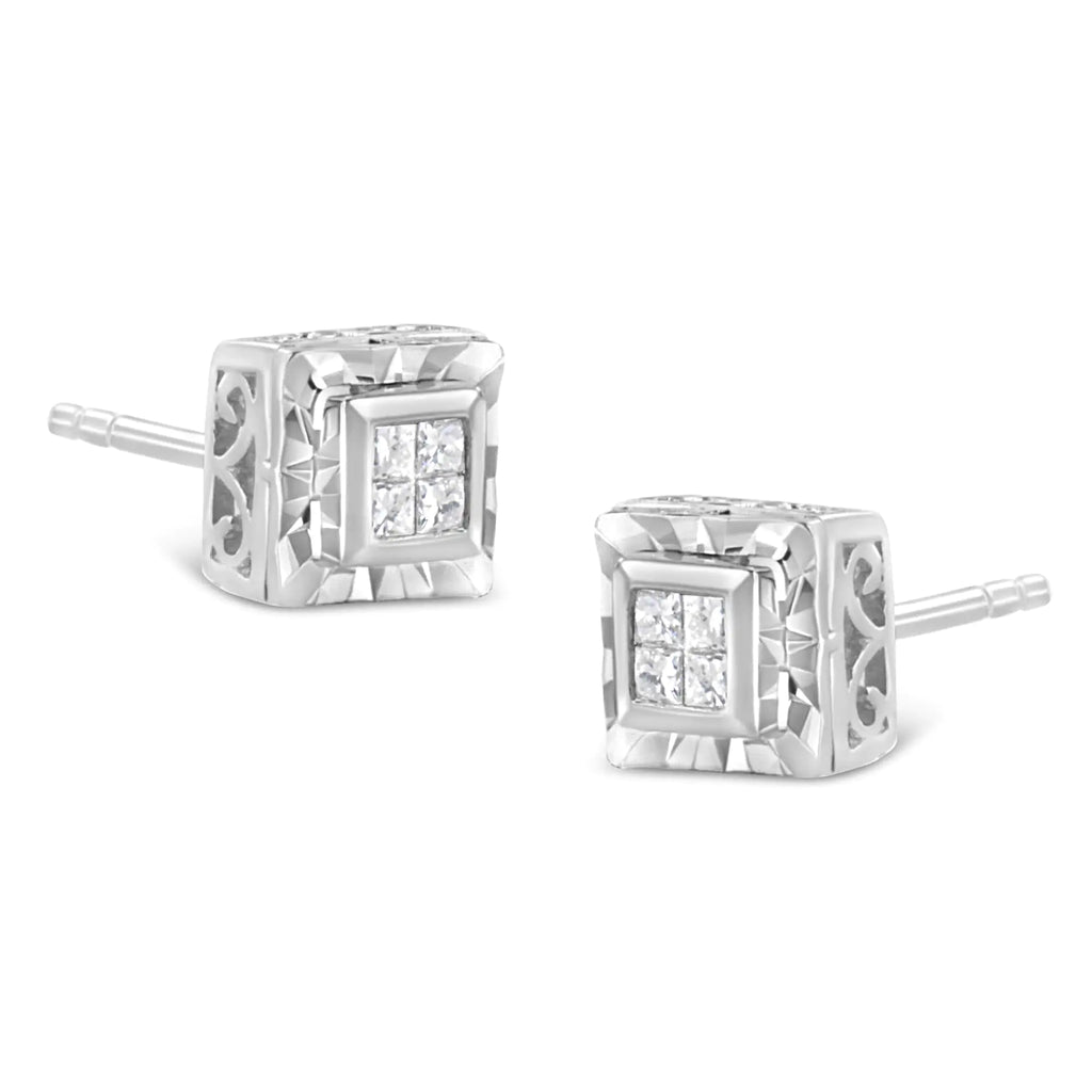 Aros de diamantes de talla princesa de 1/6 ct en plata de ley 925 con cuatro diamantes de talla princesa (color HI, claridad I1-I2)