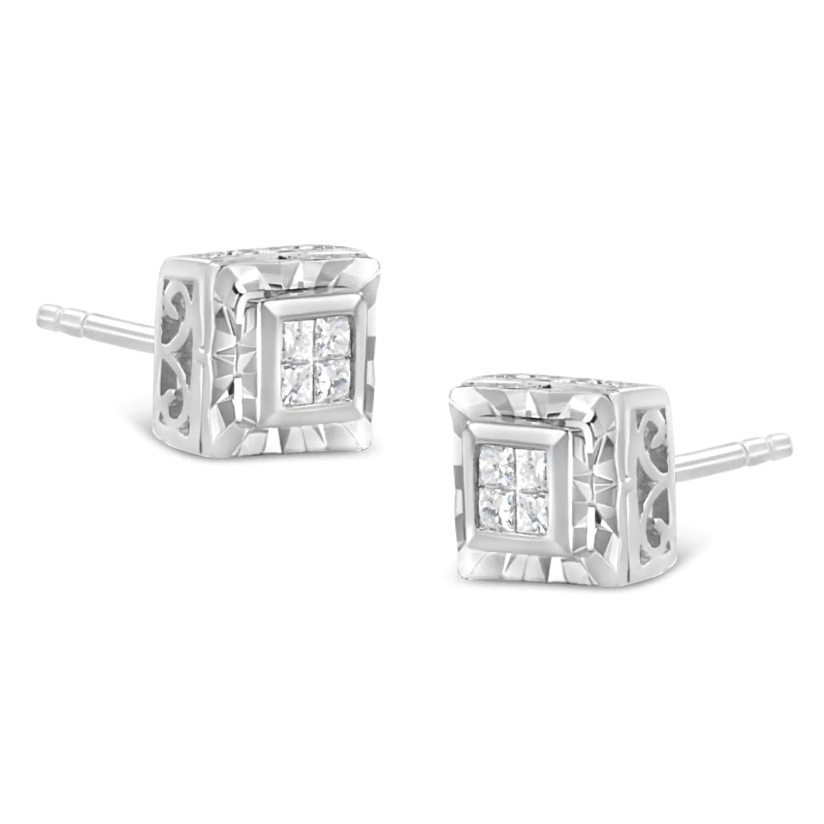 Aros de diamantes de talla princesa de 1/6 ct en plata de ley 925 con cuatro diamantes de talla princesa (color HI, claridad I1-I2)