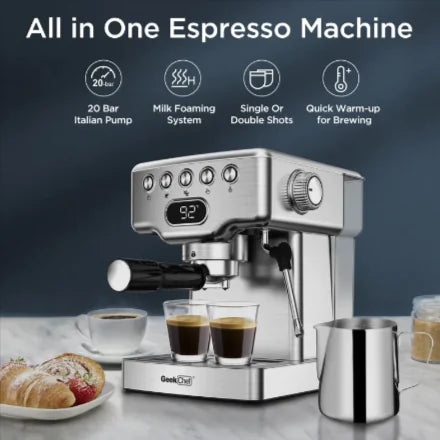 Cafetera espresso de 20 bares con espumador de leche Geek Chef: máquina de espresso de acero inoxidable para café con leche, capuchinos y más, tanque de 1,8 l