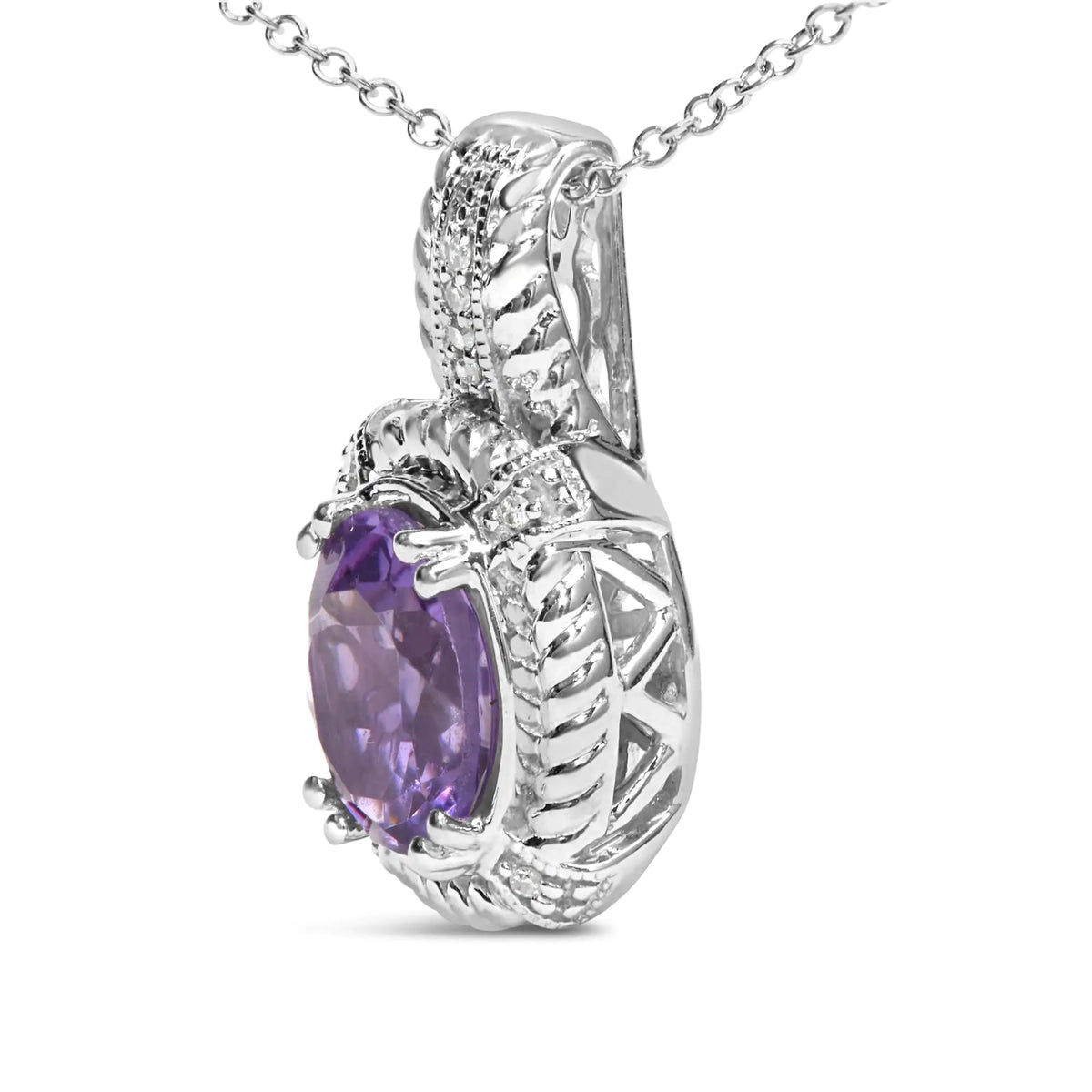 Collier pendentif tendance en argent sterling 925 avec améthyste violette ovale de 9 x 7 mm et accent de diamant rond de 45,7 cm (couleur IJ, clarté I1-I2)