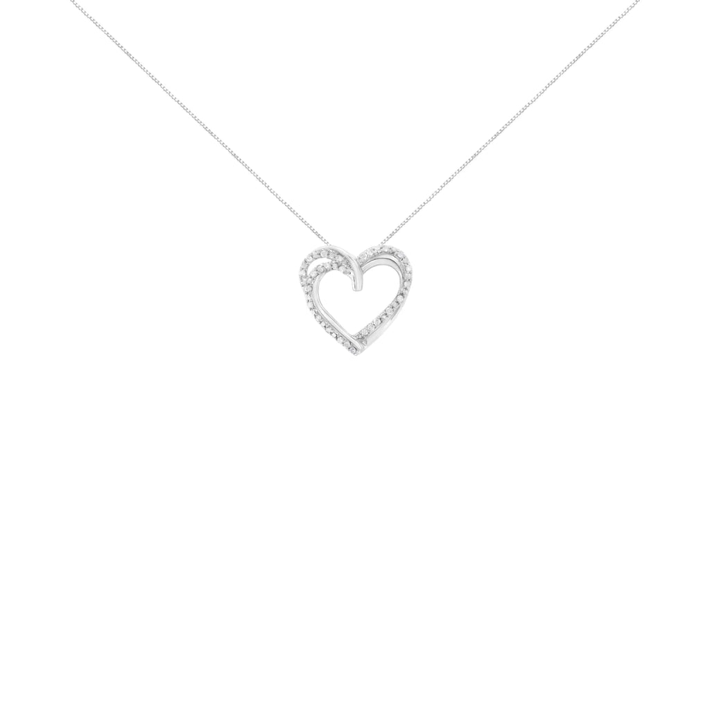 Collar con colgante de 18" con doble corazón tejido de diamantes de talla redonda engastados en garras de 1/4 cttw en plata esterlina 925 (color IJ, claridad I2-I3)