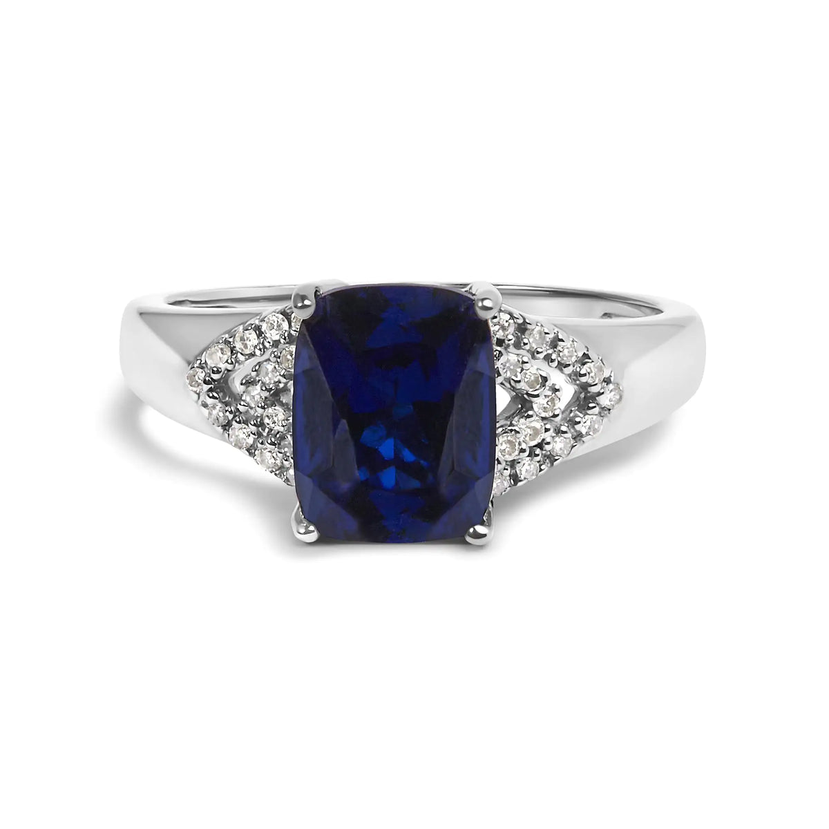 Bague de fiançailles en argent sterling 925 avec saphir bleu taille coussin et diamant blanc de 9 x 7 mm (couleur IJ, pureté I3)
