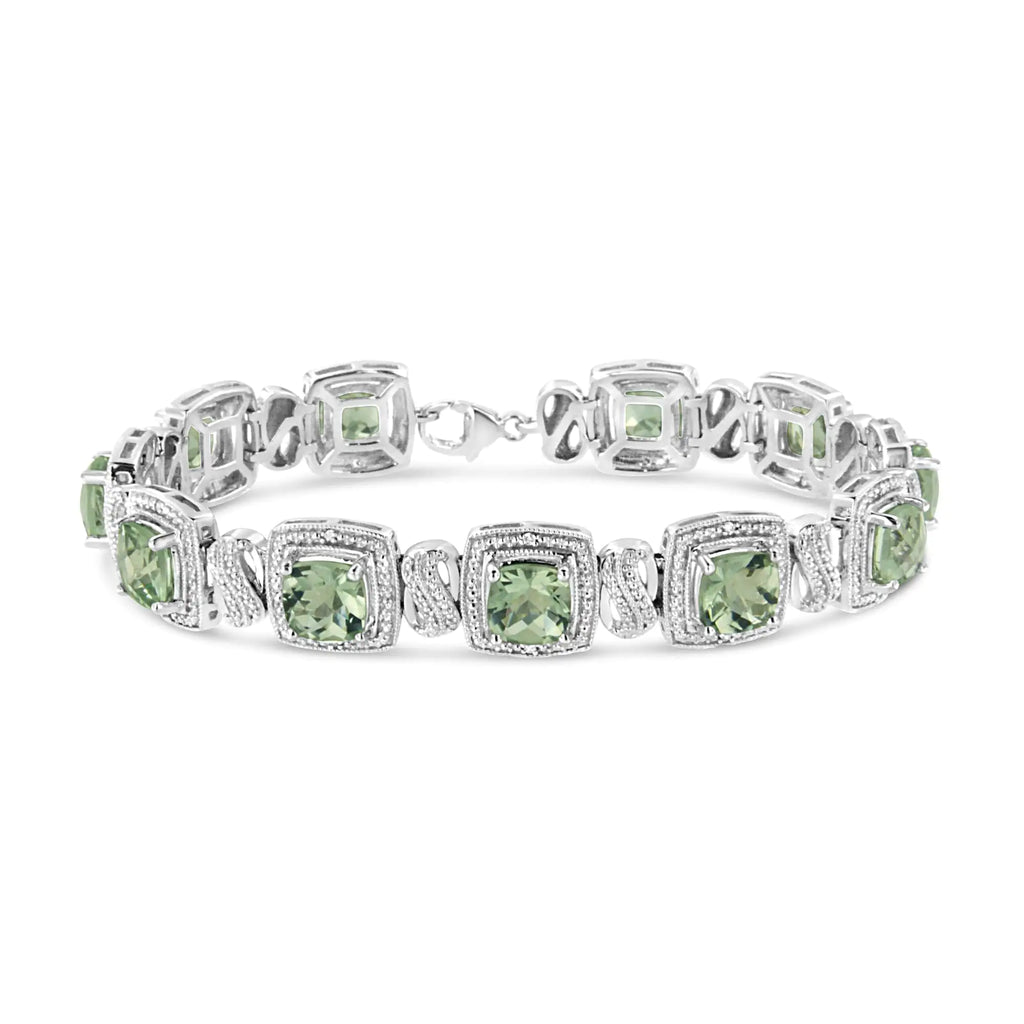 Bracelet de tennis en argent sterling 925 avec améthyste verte taille coussin 7 x 7 mm et diamant taille simple 1/10 ct de forme carrée (couleur IJ, pureté I1-I2) - 7"